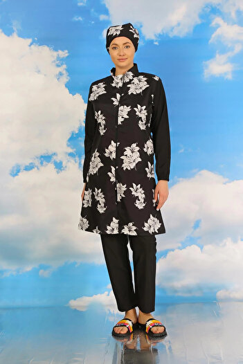 emosavm Fashion Women's Patterned Full Hijab Swimsuit with Pants Black