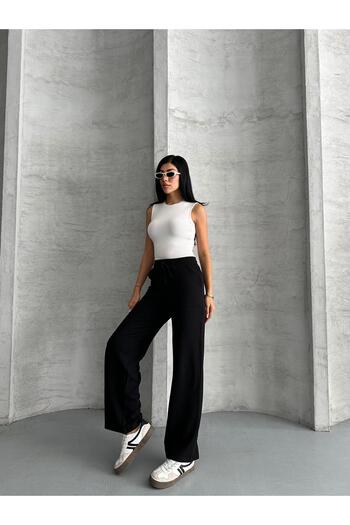 FERZOLAİO Ribbed Wide Leg Black Bottom Tracksuit