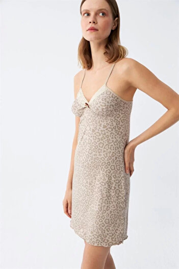 emosavm Fashion Women's Combed Cotton Mink Leopard Patterned Rope Strap Nightgown