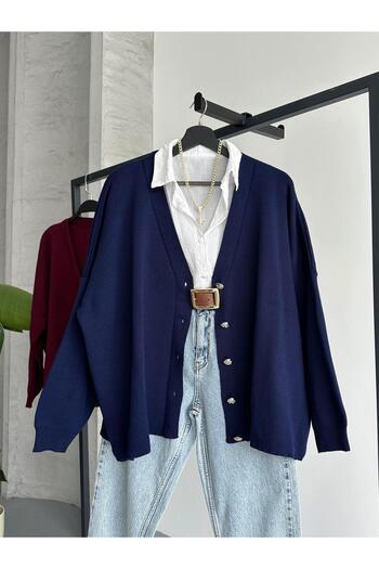 FERZOLAİO Gold Buttoned Navy Blue Cardigan