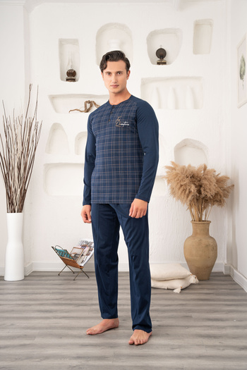 Lohussa Men's Plus Size Navy Blue Plaid Long Sleeve Buttoned Pocketed 100% Cotton Seasonal Pajama Set