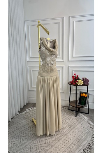FAYD AL-JAWRI Soft long chiffon georgette dress with lace bodice and draped neckline