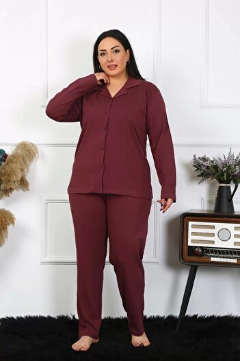 emosavm Fashion Women's Plus Size Cotton Pocket Buttoned Plum Pajama Set
