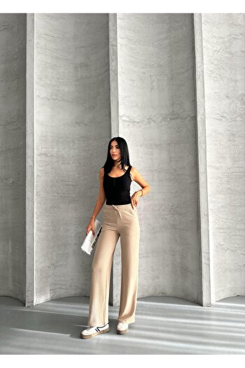 FERZOLAİO Ribbed Wide Leg Beige Bottom Tracksuit