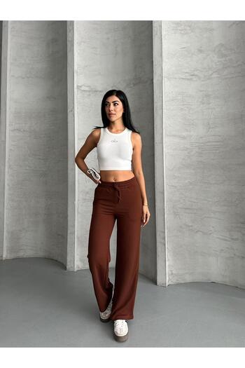 FERZOLAİO Ribbed Wide Leg Brown Bottom Tracksuit
