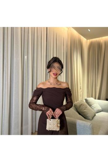 HOOR FASHION فستان سهر بني ناعم ودانتيل