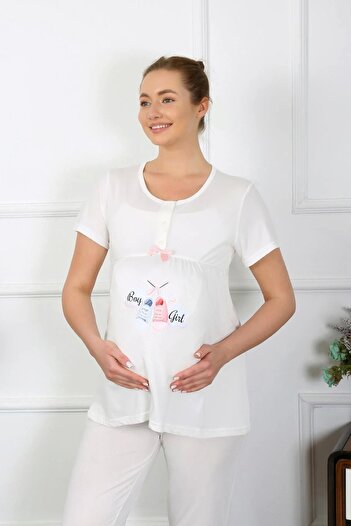 emosavm Fashion Women's Short Sleeve Maternity Pajama Set Ecru