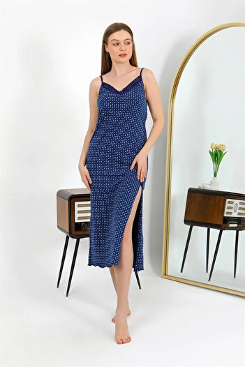 emosavm Fashionable Rope Strap Long Slit Combed Cotton Nightgown Navy Blue
