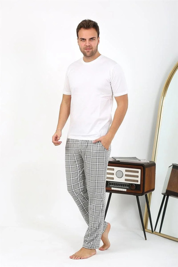 emosavm Fashion Men's Plaid Pattern Combed Cotton Single Bottom Pajamas Gray