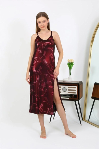 emosavm Fashion Women's Rope Strap Long Shiny Micro Dress Nightgown Burgundy