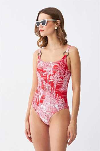 emosavm Fashion Women's Red Tropical Patterned Accessory Strap One-Piece Swimsuit