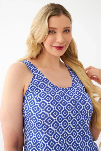 emosavm Fashion Women's Blue Patterned Plus Size Dress Swimsuit