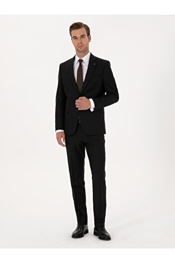 Cacharel Siyah Slim Fit Yün Karışımlı Mikro Desenli Takım Elbise 50318023-VR046