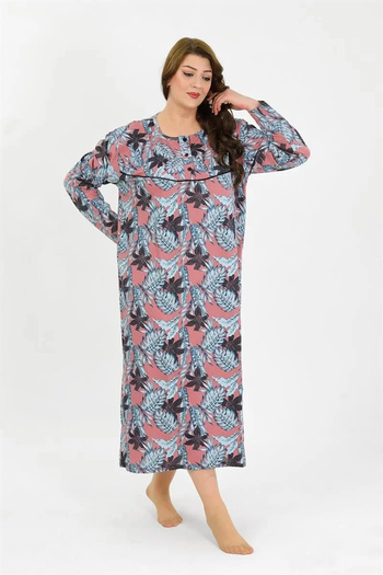 emosavm Fashion Women's Plus Size Long Sleeve Salmon Mother Nightgown