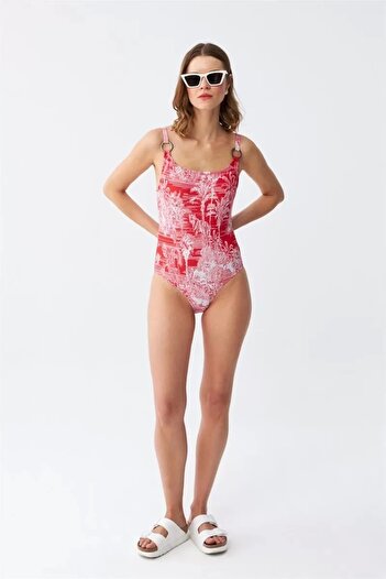 emosavm Fashion Women's Red Tropical Patterned Accessory Strap One-Piece Swimsuit