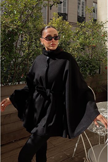 Havoş Black Belted Cashmere Poncho