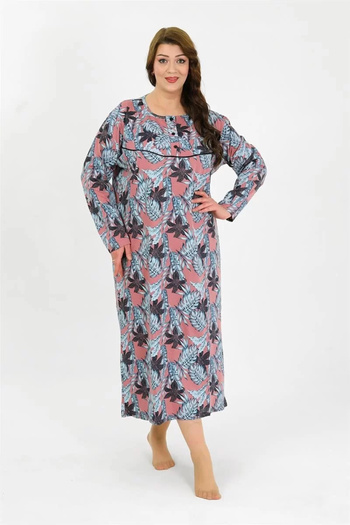 emosavm Fashion Women's Plus Size Long Sleeve Salmon Mother Nightgown