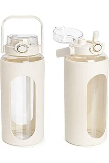 Generic DOOKOO Glass Water Bottle with Straw, Motivational 64oz Glass Bottle with Silicone Sleeve and Time M