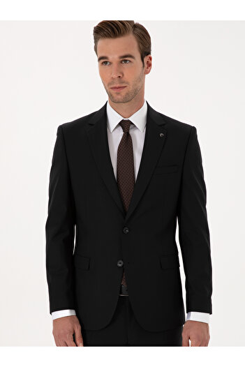 Cacharel Siyah Slim Fit Yün Karışımlı Mikro Desenli Takım Elbise 50318023-VR046