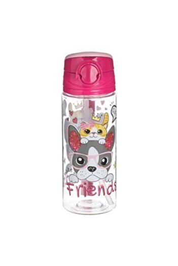 OEM Water Bottle Pop Up Dog & Cat 'Friends' Transparent Pink for Kids 500ml