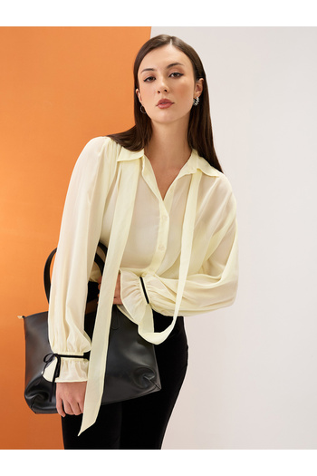 Globus By Styli Yellow Collared Neck Tie Chiffon Shirt
