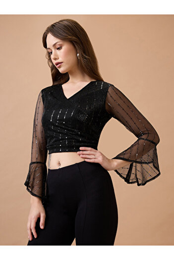 Globus By Styli Black Embellished Party Crop Top
