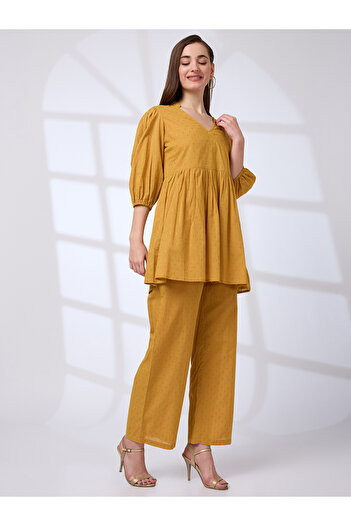 Globus By Styli Yellow Lurex Detail Pattern Tunic and Pants Workwear Co-Ords