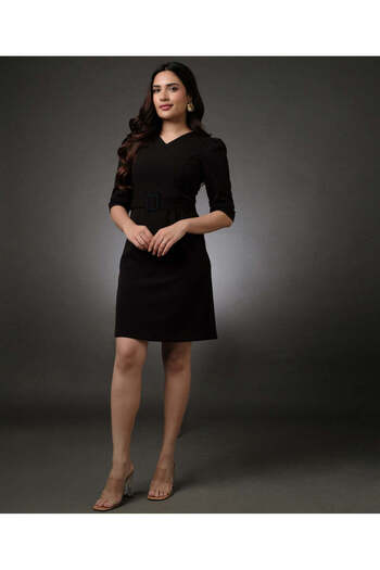 Zigzag Vneck Half Sleeve Bodycon Black Dress