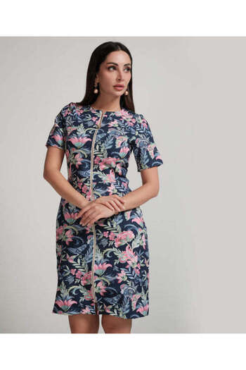 Zigzag Front Zippered Printed Skater Mini Dress