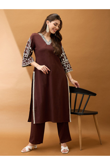 Globus By Styli Brown Embroidered Mirror Work Detail Kurta and Pants Set