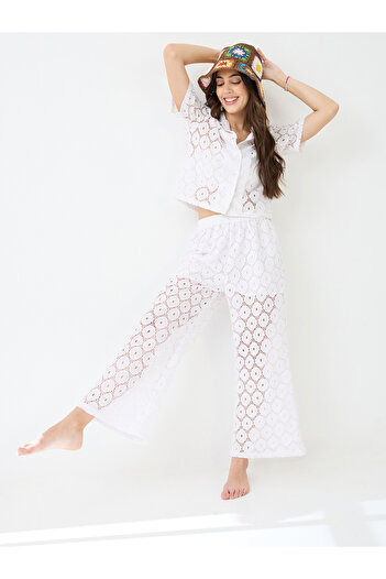 Globus By Styli White Crochet Shirt and Wide Leg Trousers Co-Ords