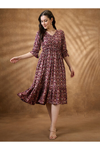 Globus By Styli Burgundy Ethnic Motif Frill Detail Midi Dress