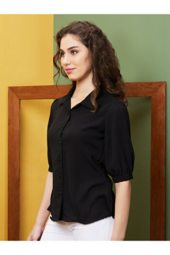 Globus By Styli Black Puff Sleeve Opaque Workwear Shirt