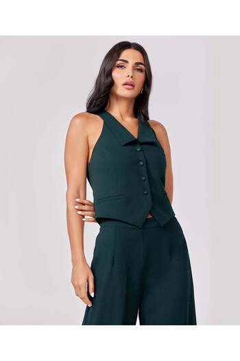 Zigzag Halter Neck Buttoned Dark Green Waistcoat