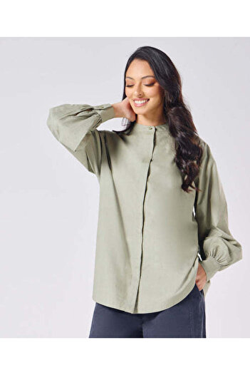Zigzag Mandarin Collar Cotton Oversized Shirt - Light Grey