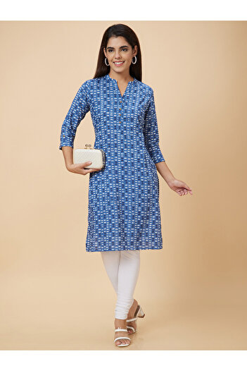 Globus By Styli Women Blue Printed Straight Kurta