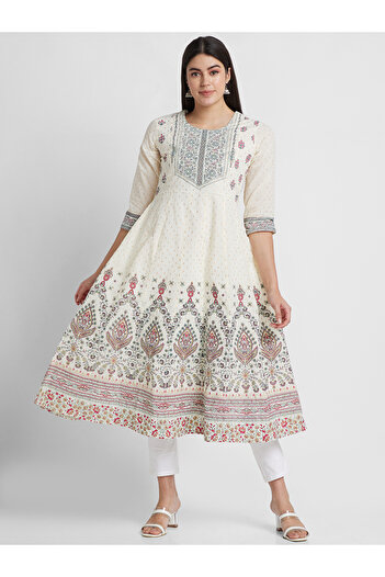 Globus By Styli Off White Printed Round Neck Anarkali Kurta