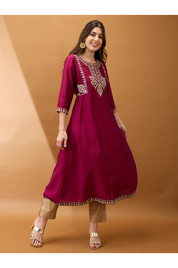Globus By Styli Burgundy Embroidered Yoke Anarkali Festive Kurta