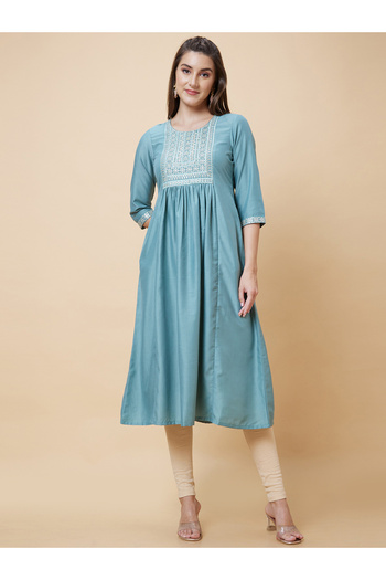 Globus By Styli Green Yoke Sequined Embroidered Paneled Festive Kurta