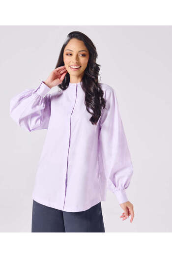 Zigzag Mandarin Collar Cotton Oversized Shirt- Lavender