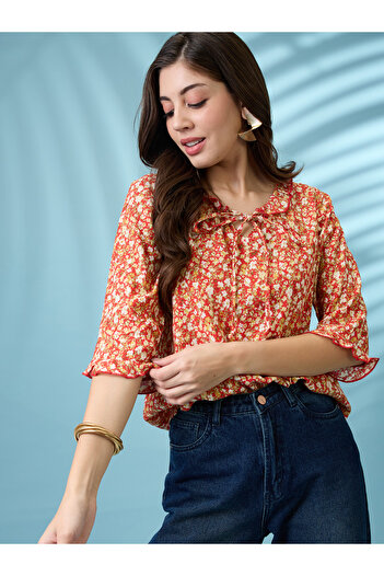 Globus By Styli Red Tie-Up Neck Frill Detail Top