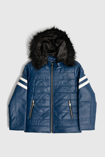 Go Veform Fur Hooded Faux Leather Jacket with Fur Inside