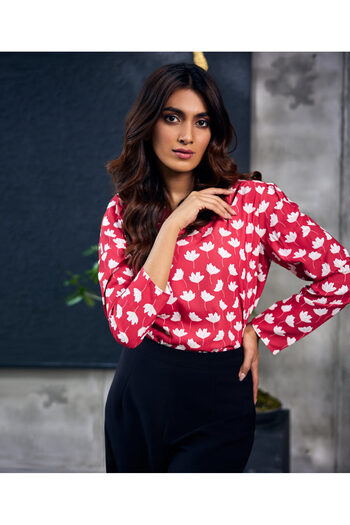 Zigzag Long Sleeve Gathered Red Printed Top