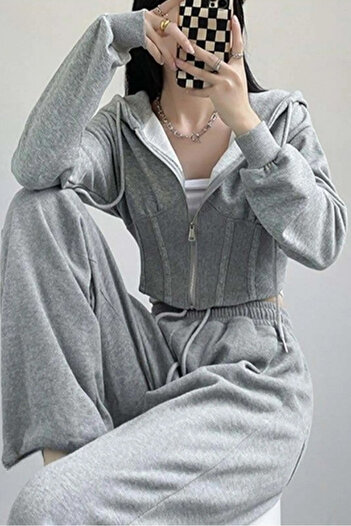 Karakedi Gray Melange Corset Cut Y2K Crop Cardigan & Sweatpants Set
