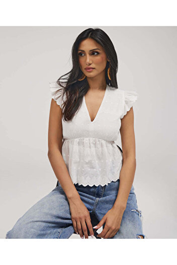Zigzag Deep Cutwork Peplum Top