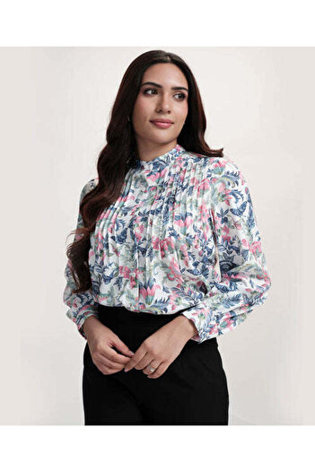 Zigzag Pintuck Detailed Sleeve White Printed Top