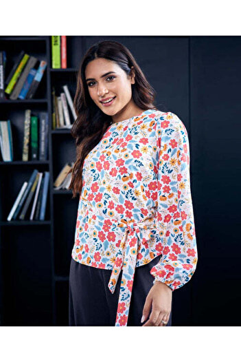 Zigzag Floral Printed Waist Tie Chiffon Top