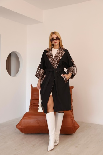 QUBERZ Women's Long Trench Coat – Black, Mink, Brown, Beige & Seasonal Cap with Leopard Detail