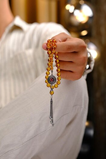 dergah tesbih Silver Crescent and Star Design Yellow Fire-I Amber Prayer Beads