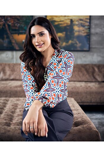 Zigzag Vneck Chiffon Lantern Sleeve Blouse